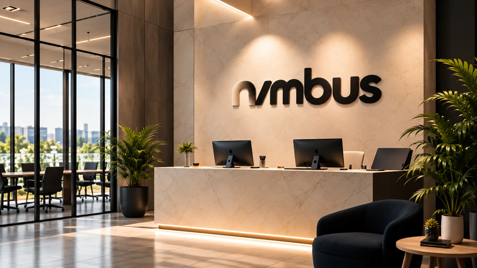 Imagen conceptual de marca: una recepción con el logotipo de Nimbus en la pared