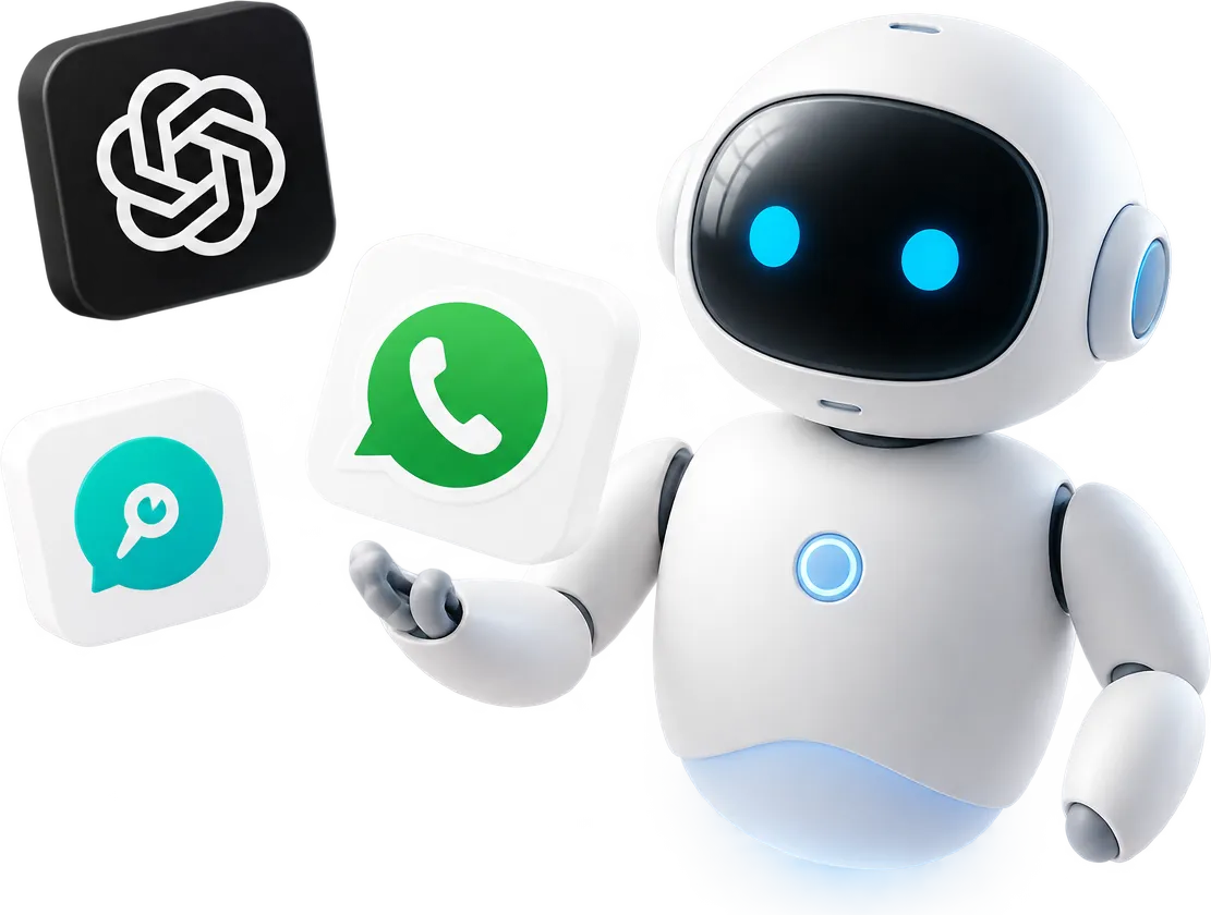 Robot asistente junto a iconos de aplicaciones de mensajería e inteligencia artificial