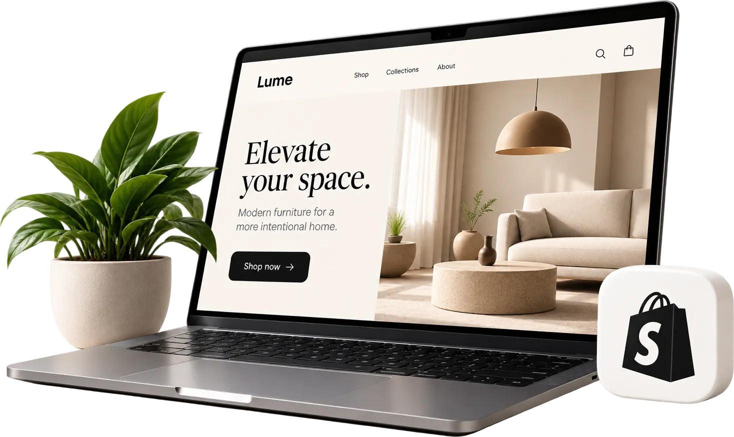Portátil con una tienda online, junto a una planta y el icono de Shopify
