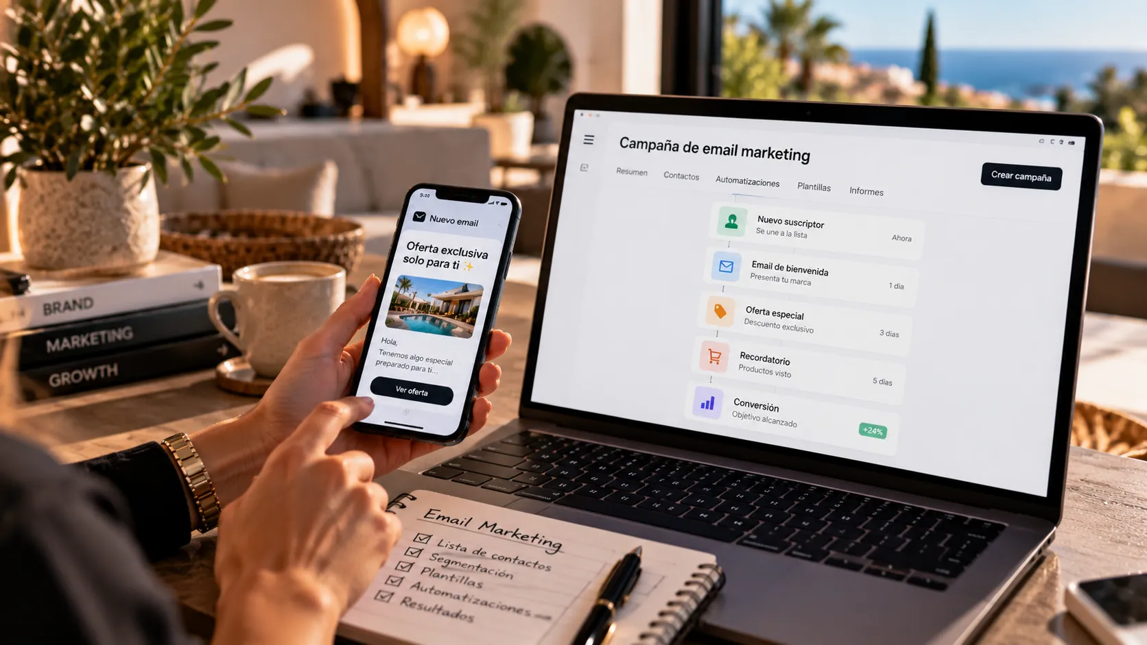 Portátil con un flujo de email marketing y un móvil con un email