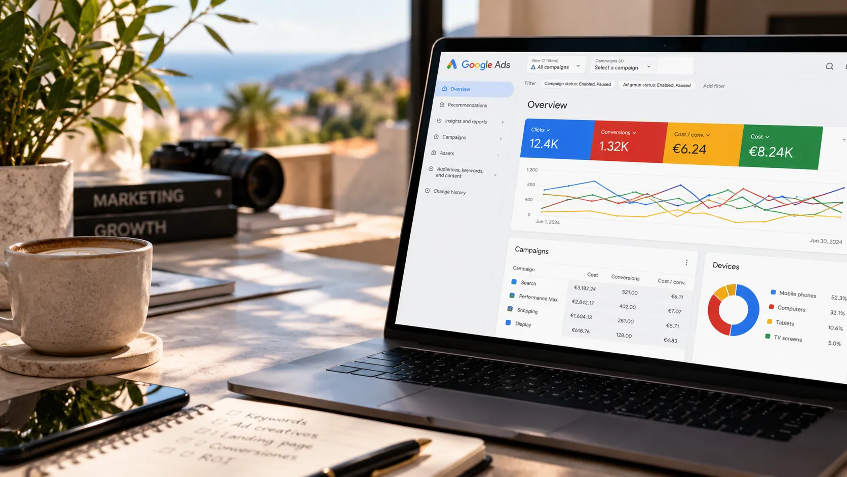 Portátil con el panel de campañas de Google Ads