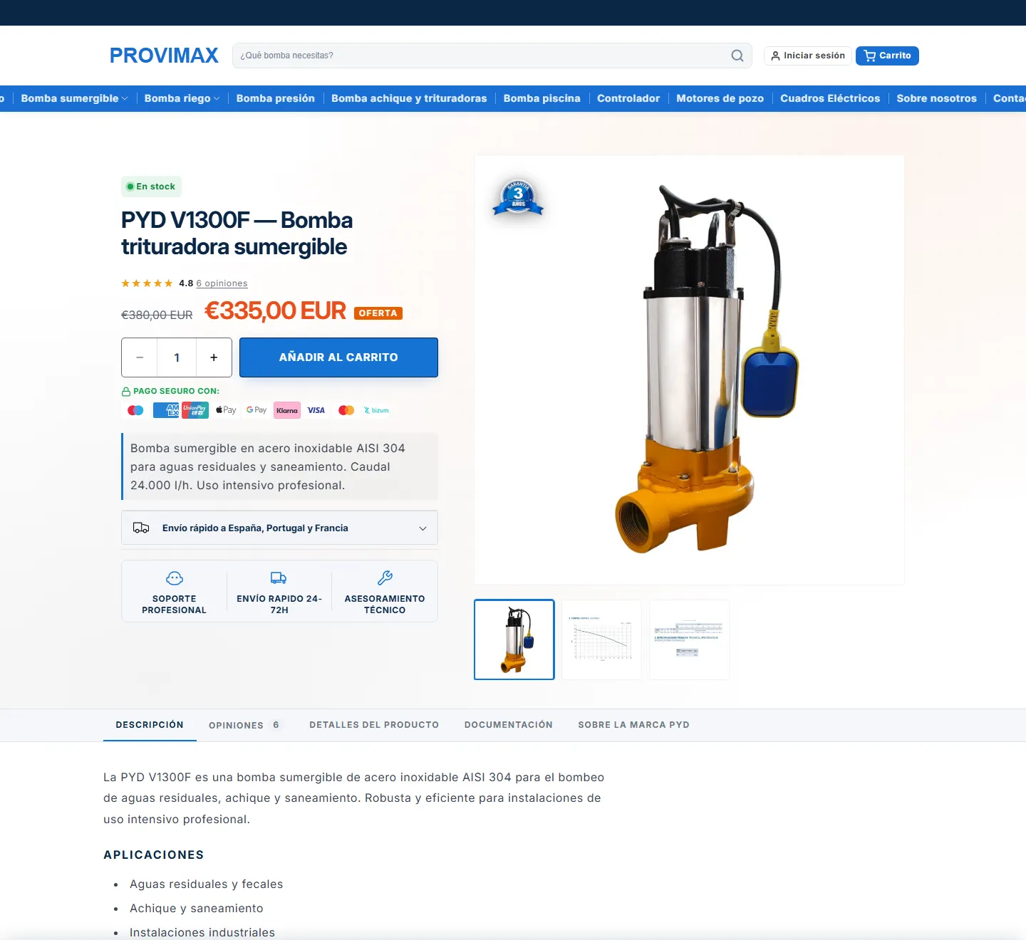 Ficha de producto de la web de Provimax