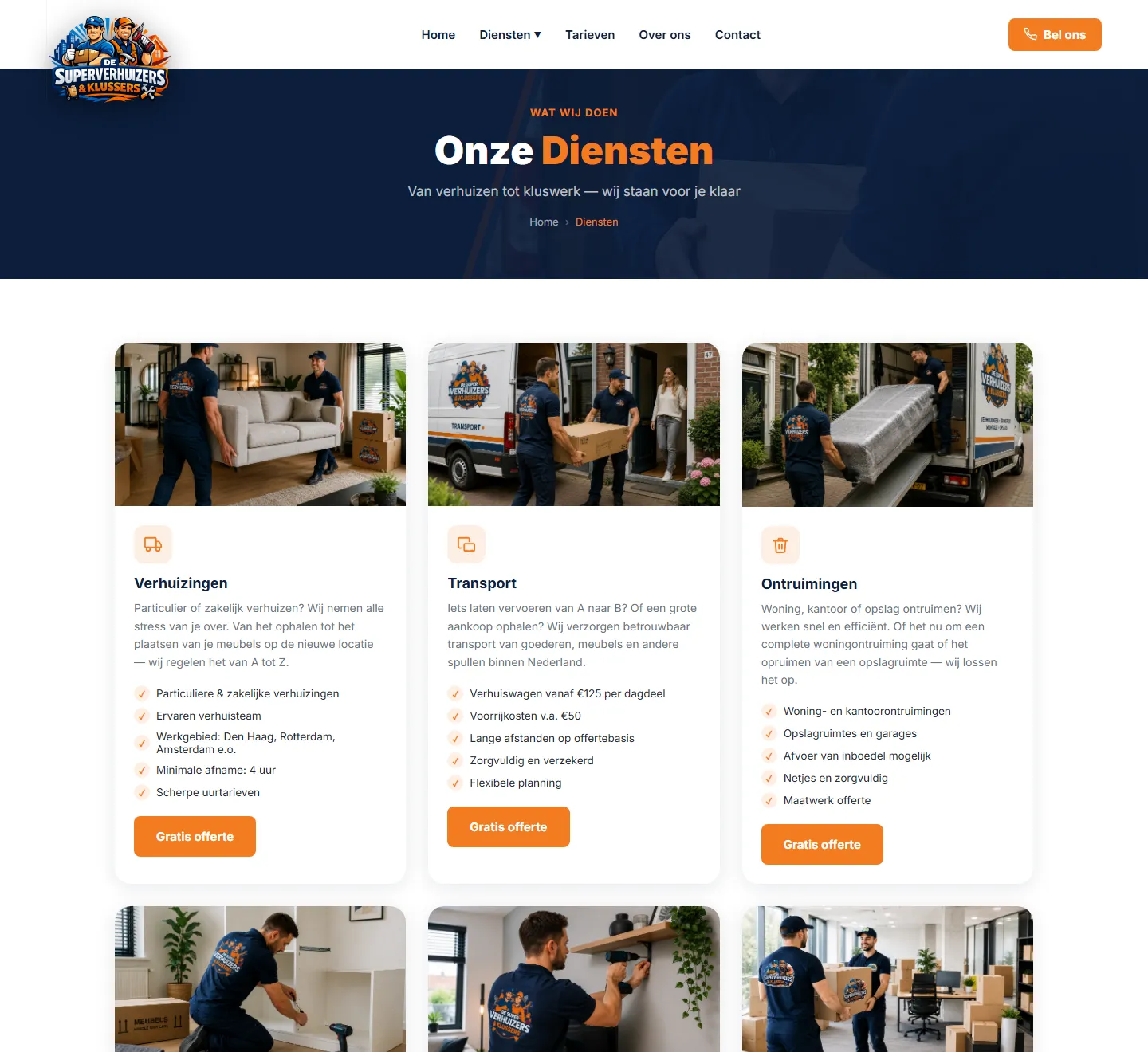 Página de servicios de la web de De Super Verhuizers & Klussers
