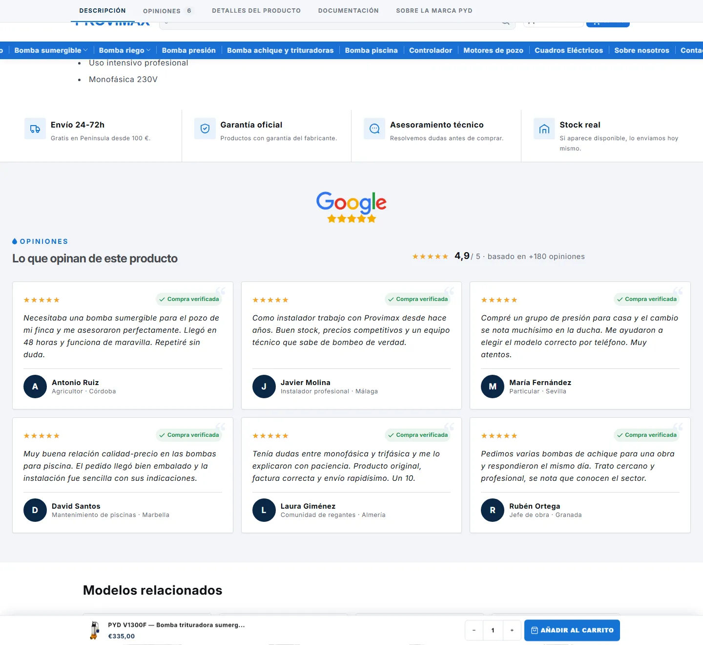Ficha de producto, detalle de la web de Provimax