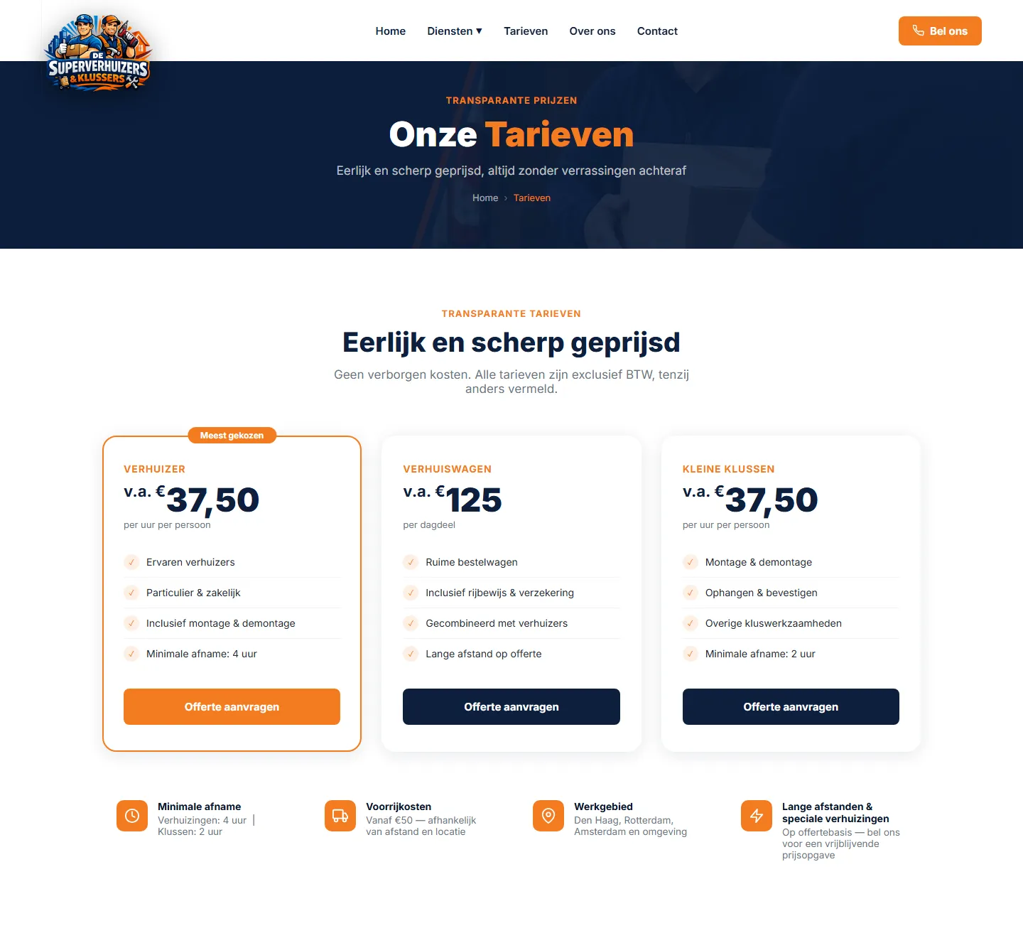 Página de tarifas de la web de De Super Verhuizers & Klussers