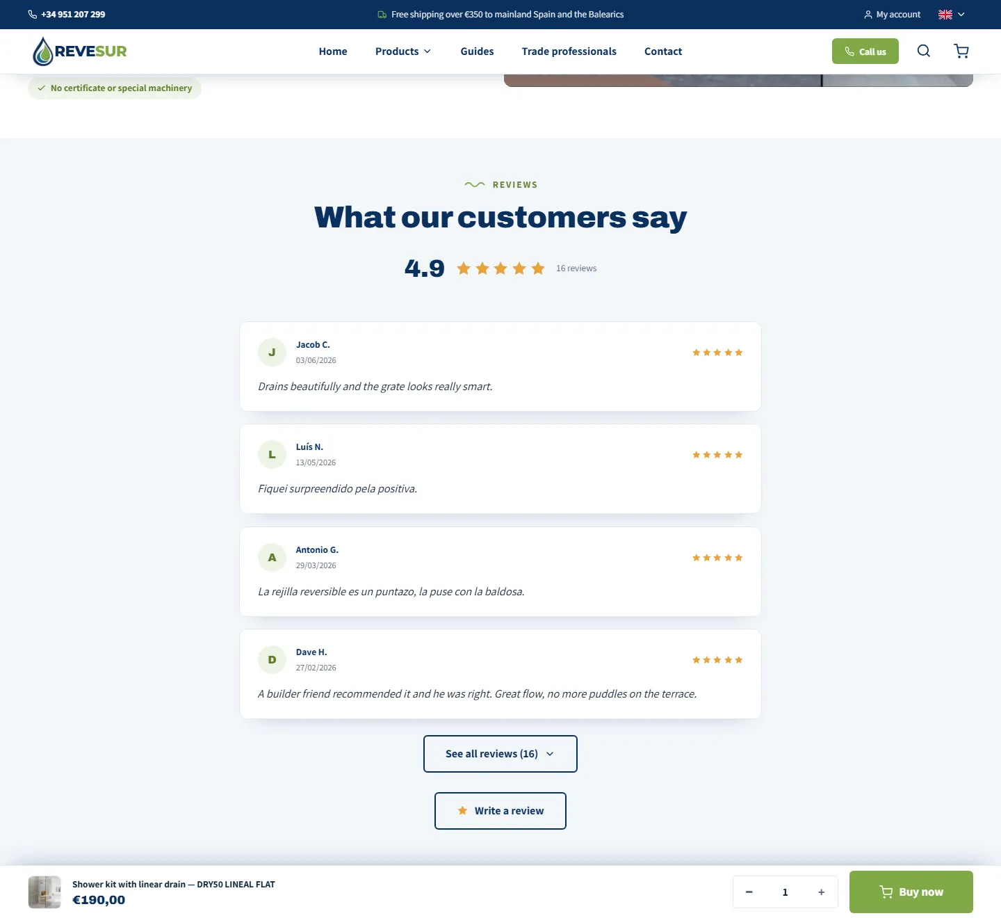 Ficha de producto, detalle de la web de Revesur