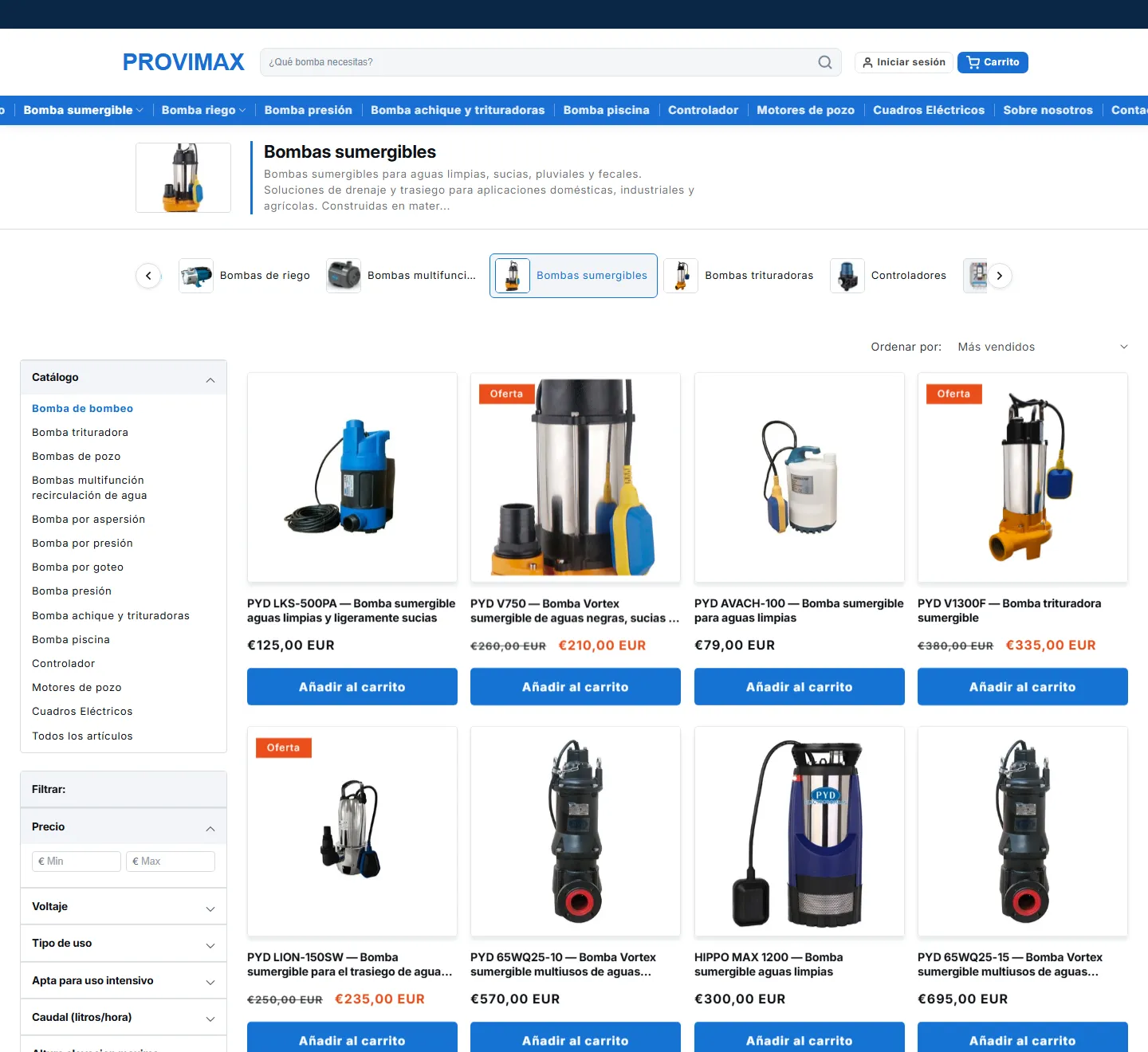 Catálogo de productos de la web de Provimax