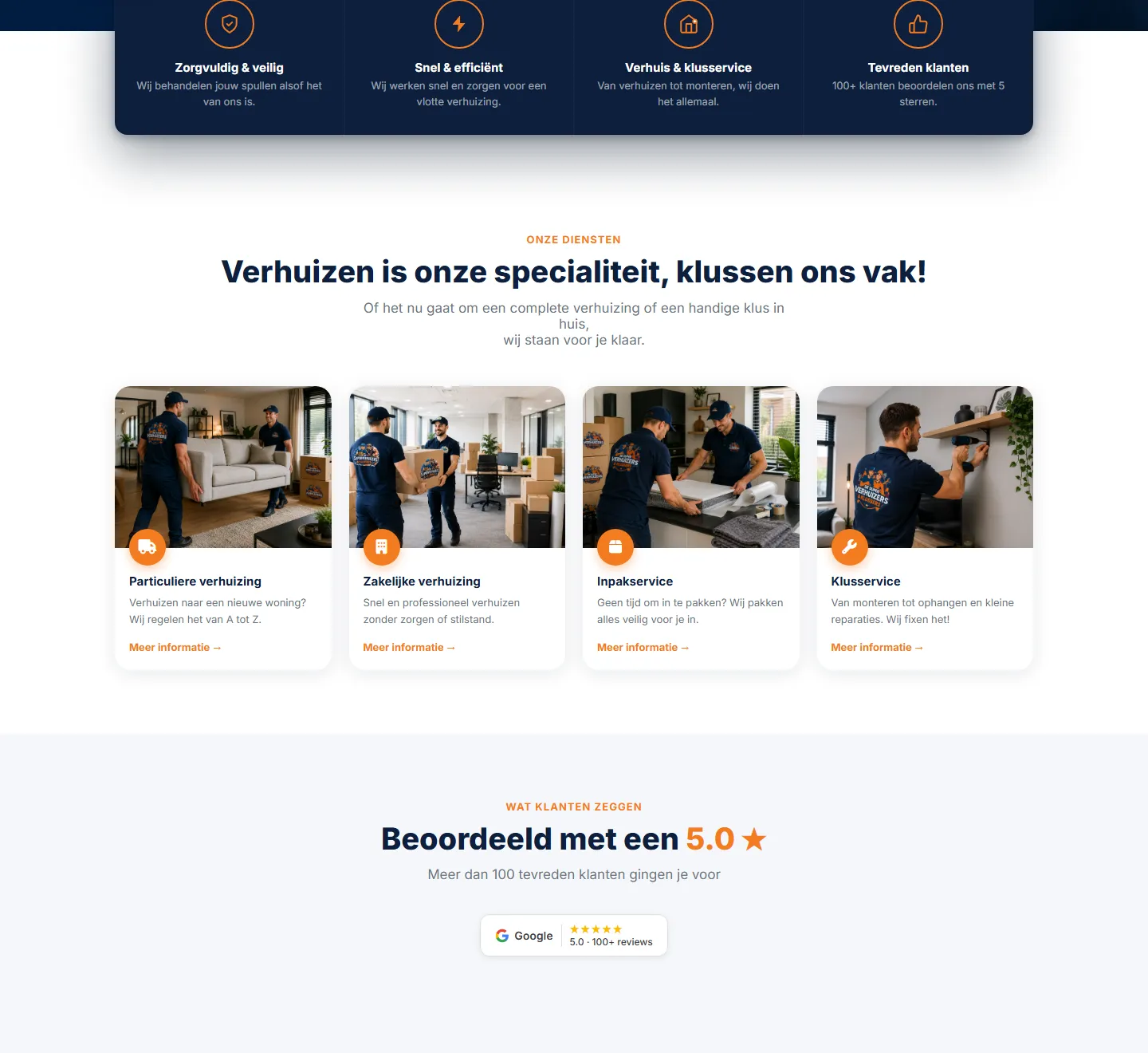 Página de inicio, sección central de la web de De Super Verhuizers & Klussers