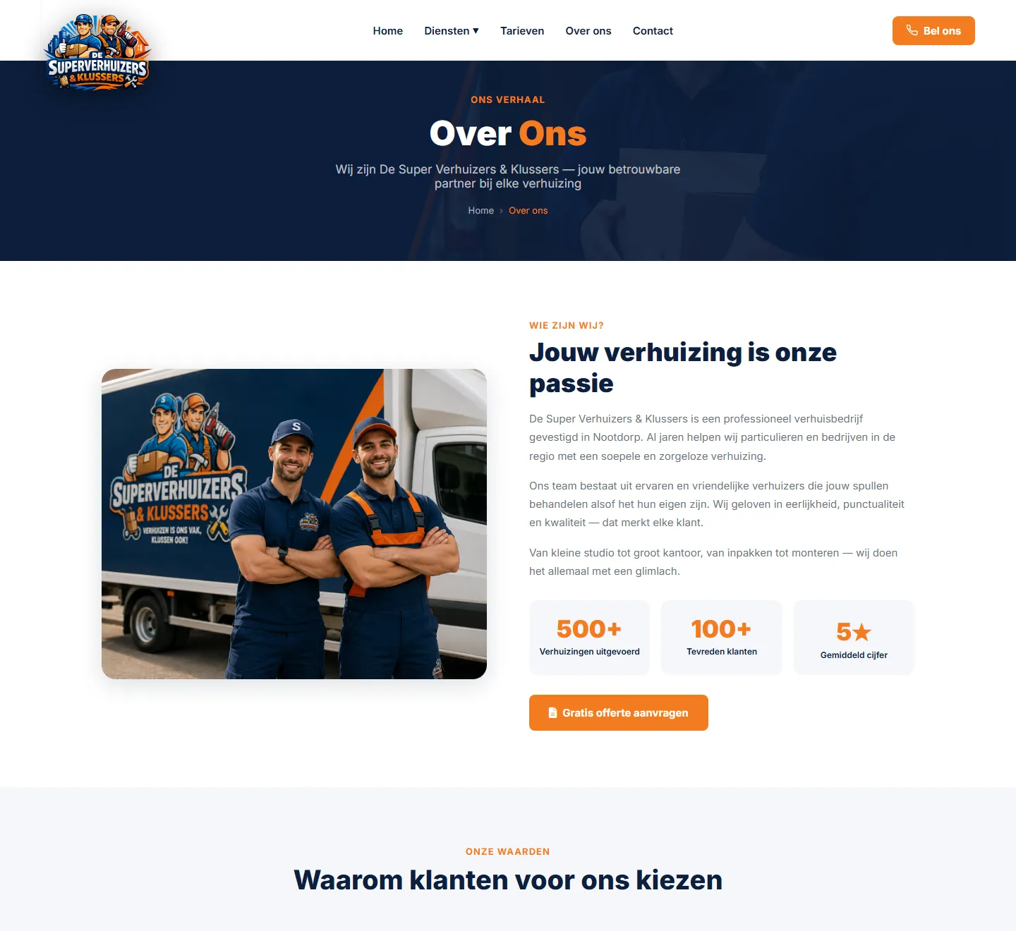 Página «Sobre nosotros» de la web de De Super Verhuizers & Klussers