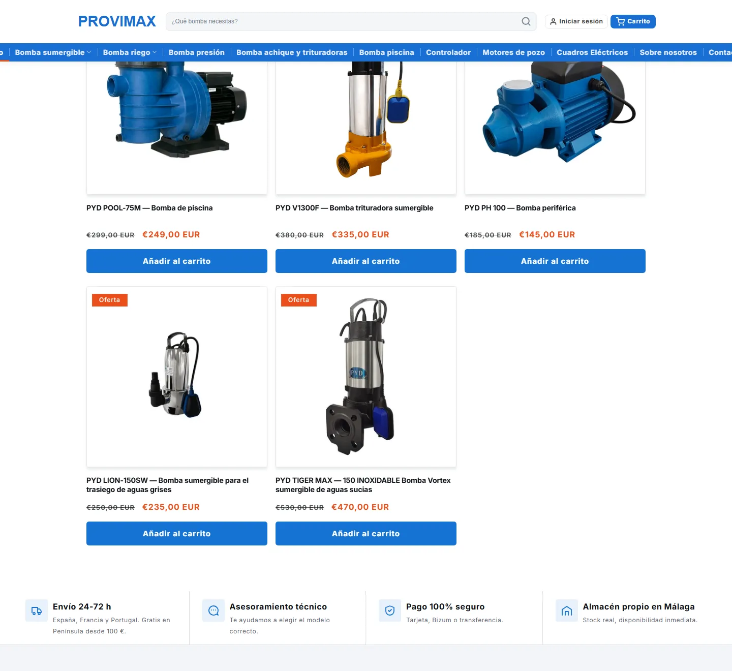 Página de inicio, sección central de la web de Provimax