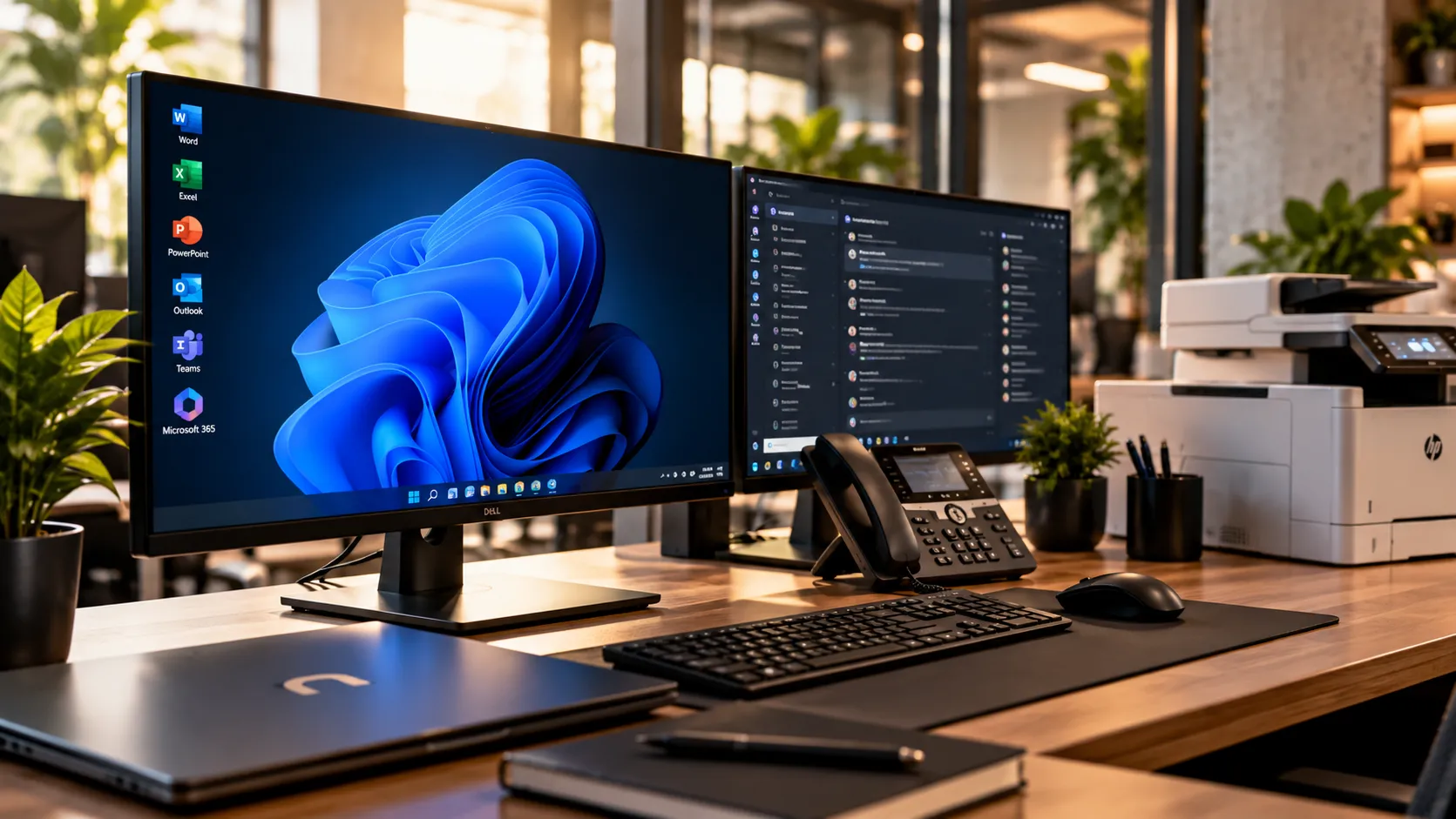 Puesto de trabajo con dos monitores, teléfono e impresora