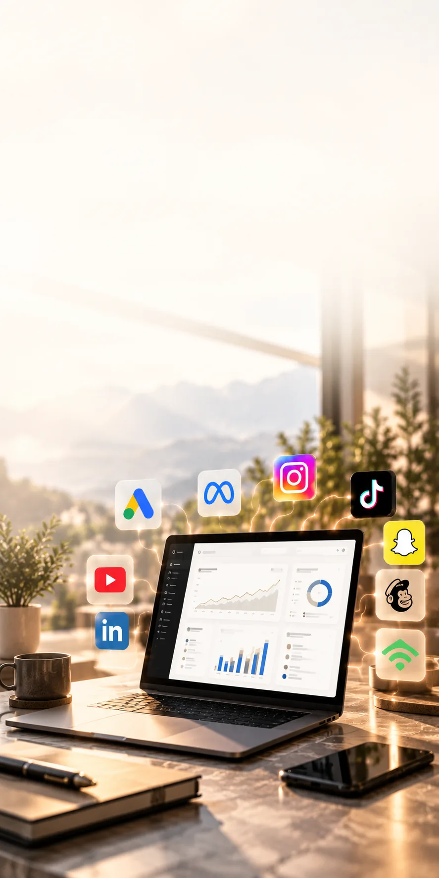 Portátil con un panel de analítica rodeado de iconos de plataformas publicitarias y redes sociales