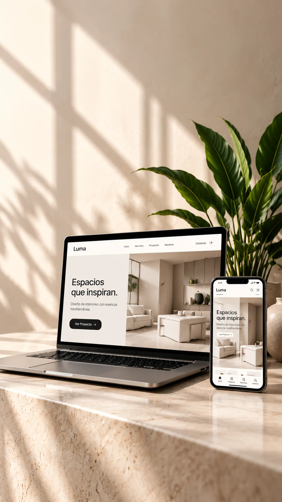Portátil y móvil con una página web de interiorismo sobre una encimera de piedra