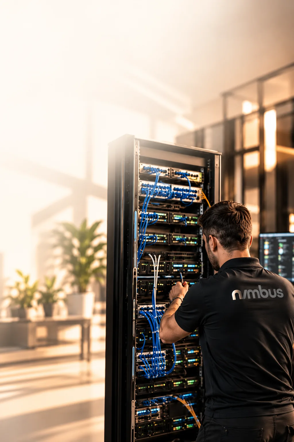 Técnico de Nimbus trabajando en el cableado de un rack de servidores