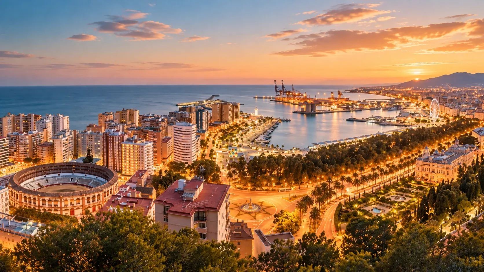 Vista de Málaga y su puerto al atardecer, con las montañas al fondo