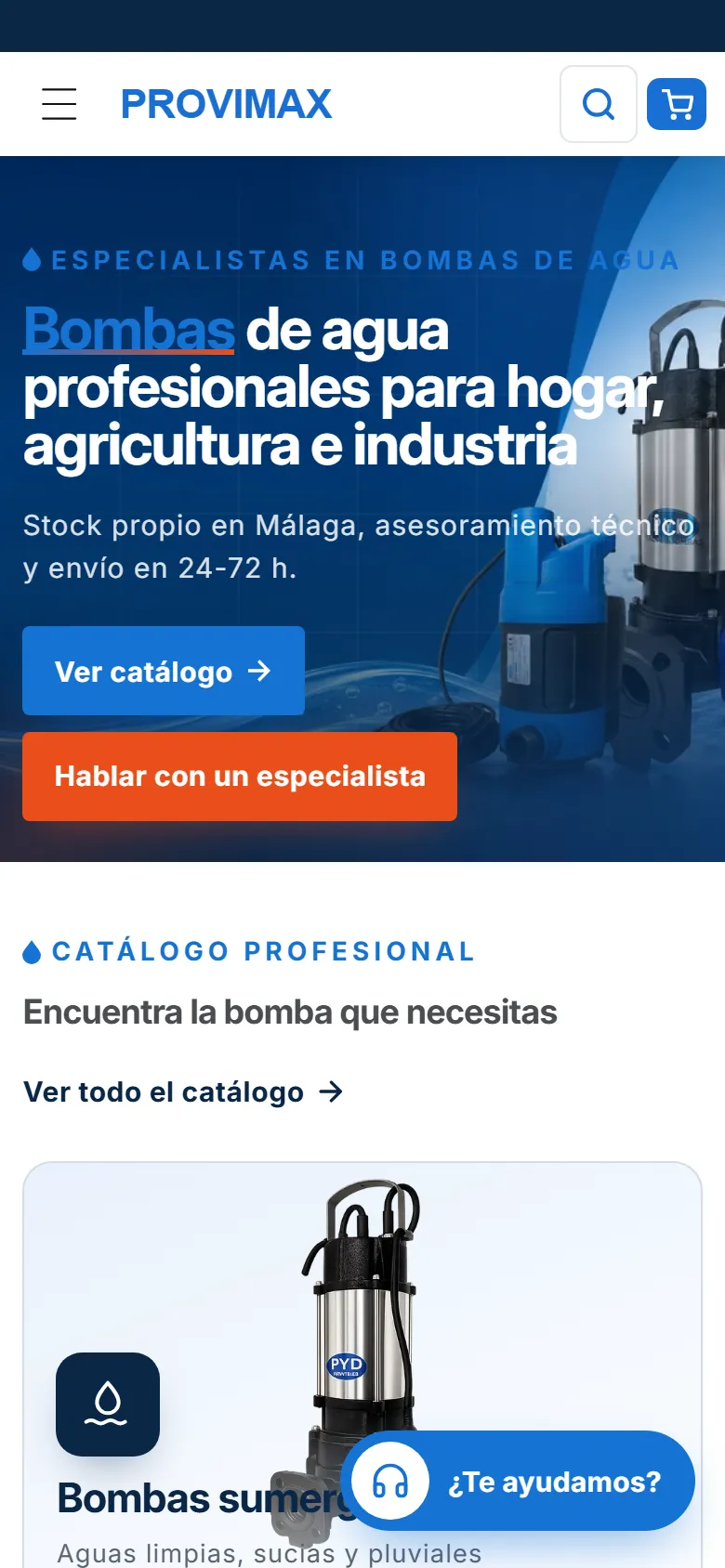 Página de inicio de la web de Provimax en un móvil