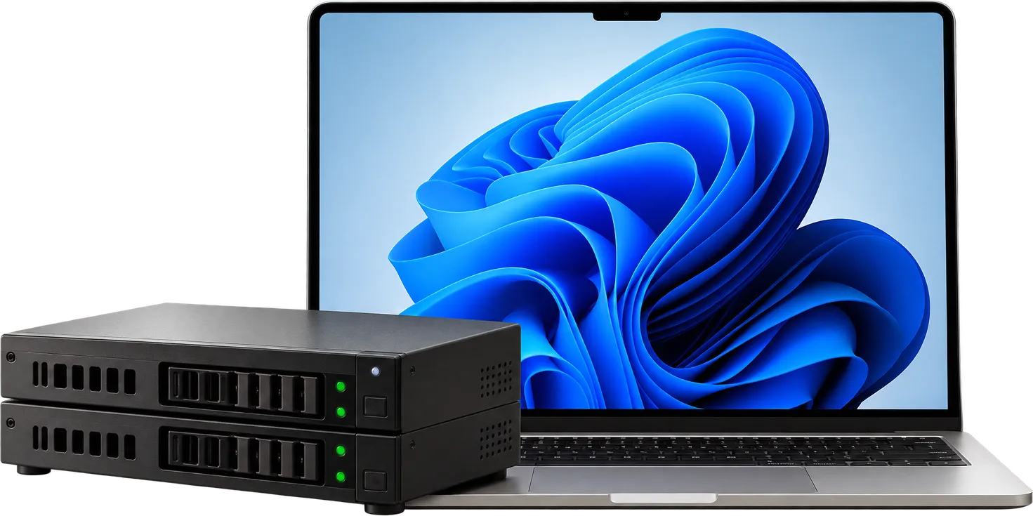 Portátil con Windows junto a dos servidores de red
