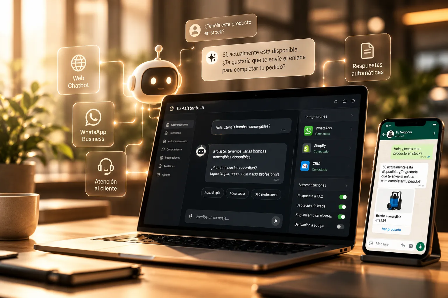 Asistente de IA que responde a un cliente en la web y en WhatsApp
