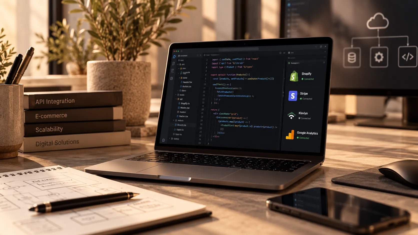 Portátil con código y herramientas conectadas en un escritorio