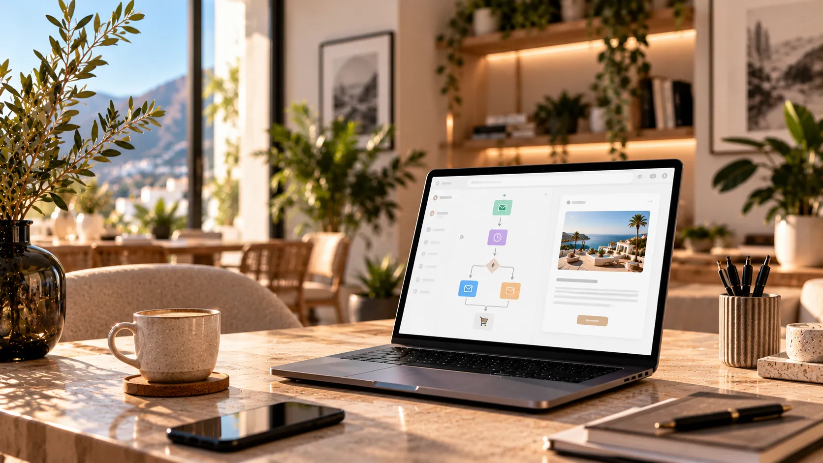 Portátil con un flujo automatizado de emails y una newsletter