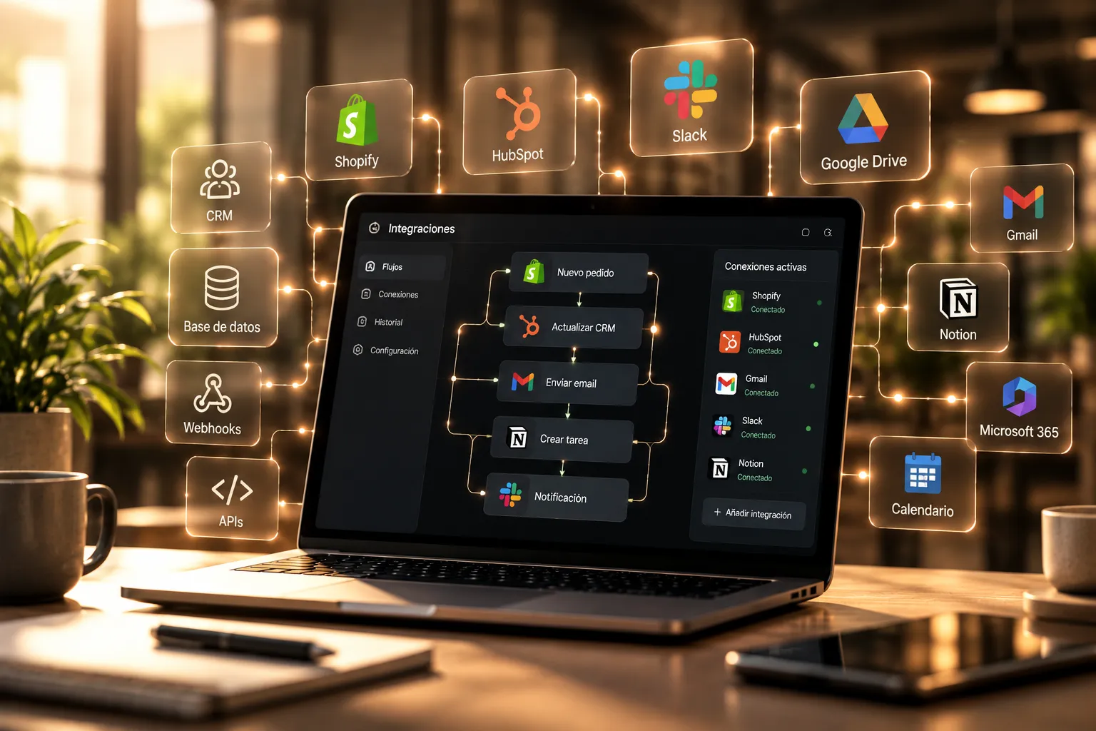Portátil con integraciones entre Shopify, CRM, correo y otras herramientas