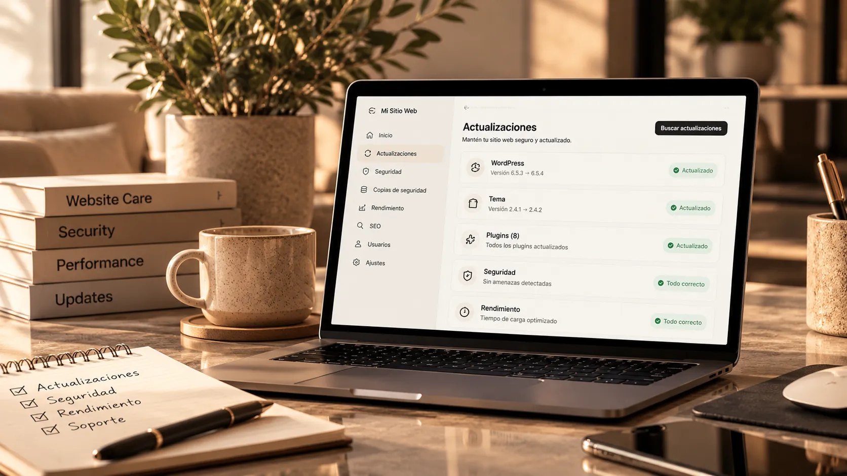 Portátil con el panel de actualizaciones de un sitio web en un escritorio