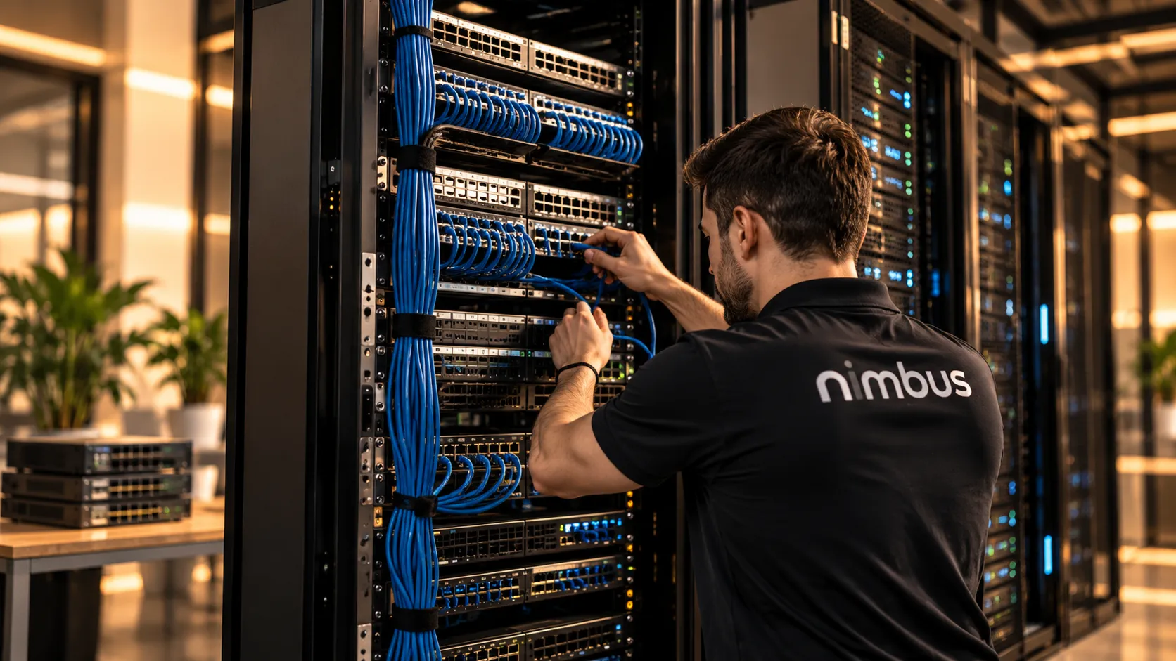 Técnico de Nimbus ordenando el cableado de un rack de red