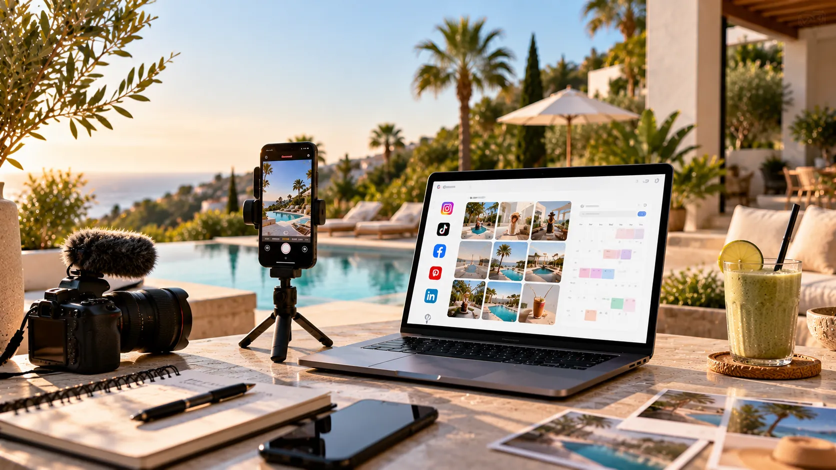 Móvil, cámara y portátil con un calendario de contenidos para redes sociales