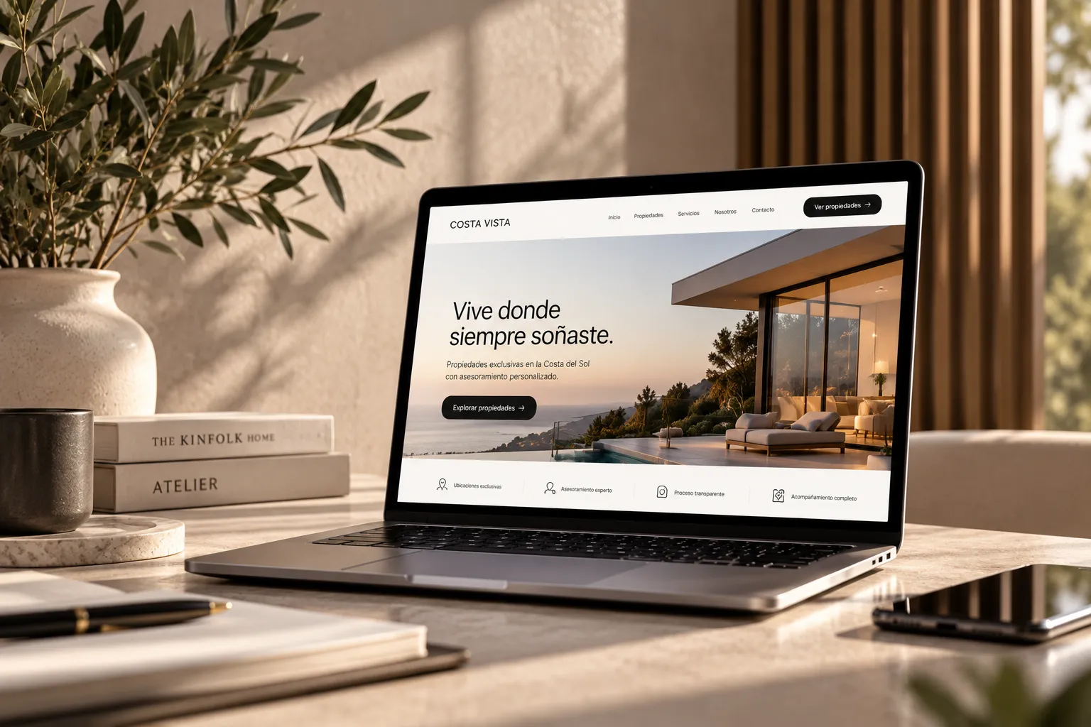 Portátil con la página web de una inmobiliaria en un escritorio