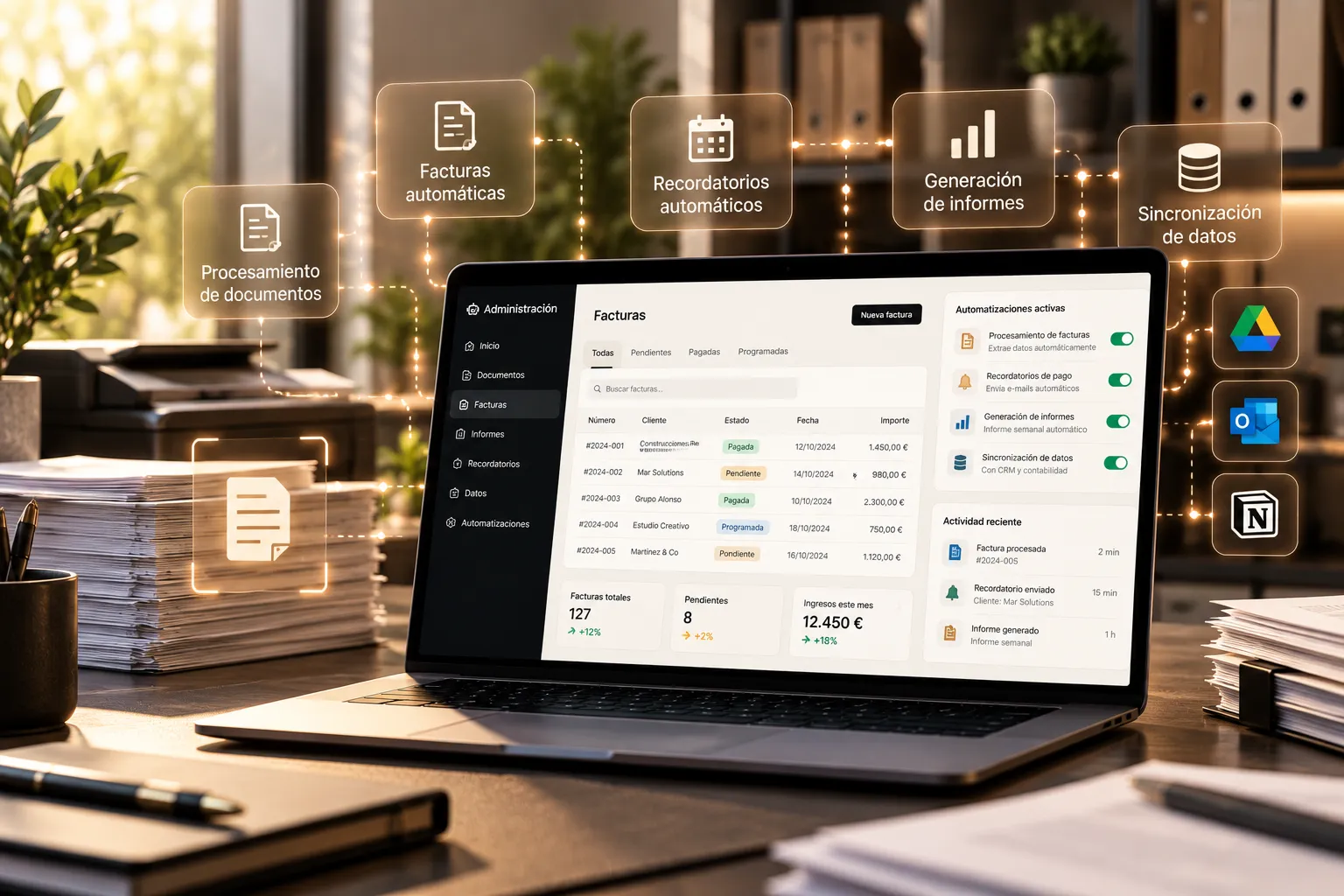 Portátil con facturas, recordatorios e informes automatizados