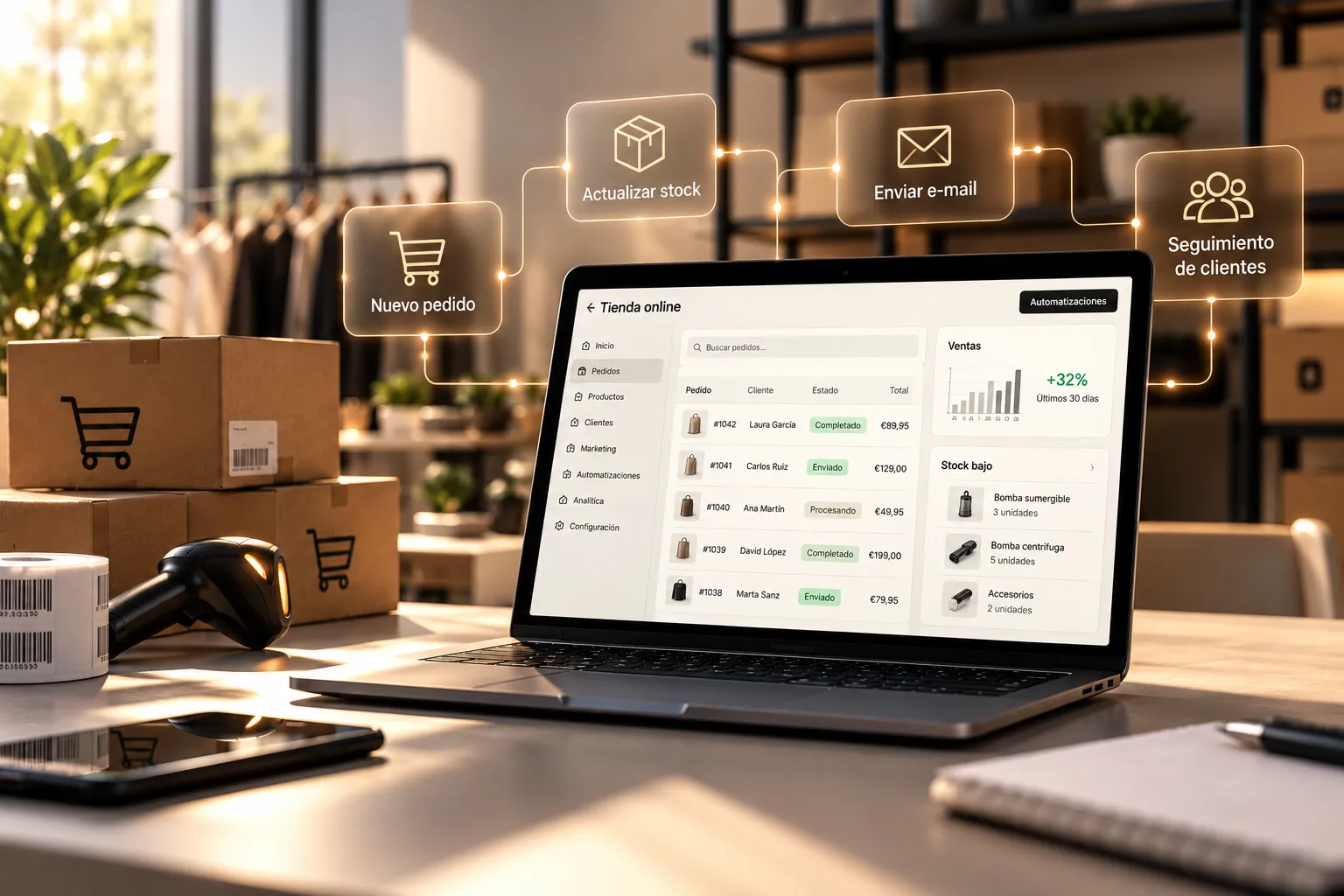 Portátil con los pedidos de una tienda online y sus automatizaciones